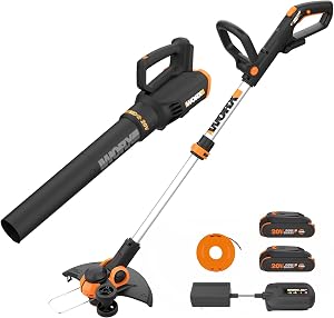 WORX 20V 12" Cordless String Trimmer & 360 CFM Leaf Blower Combo, 2 Batteries &am