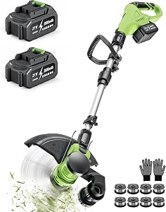 DEGGE Cordless Electric Weed Wacker, 2X 3.0Ah/ 21V/ 12" Battery Powered Weed Eater, 2