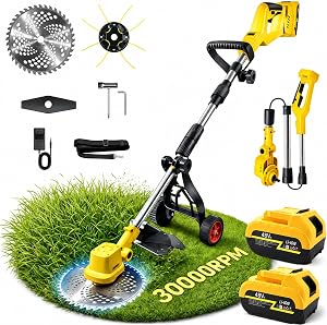 2026 New 30000 RPM Brushless Cordless Weed Wacker with Wheels, 12-Inch Battery Powered Ele